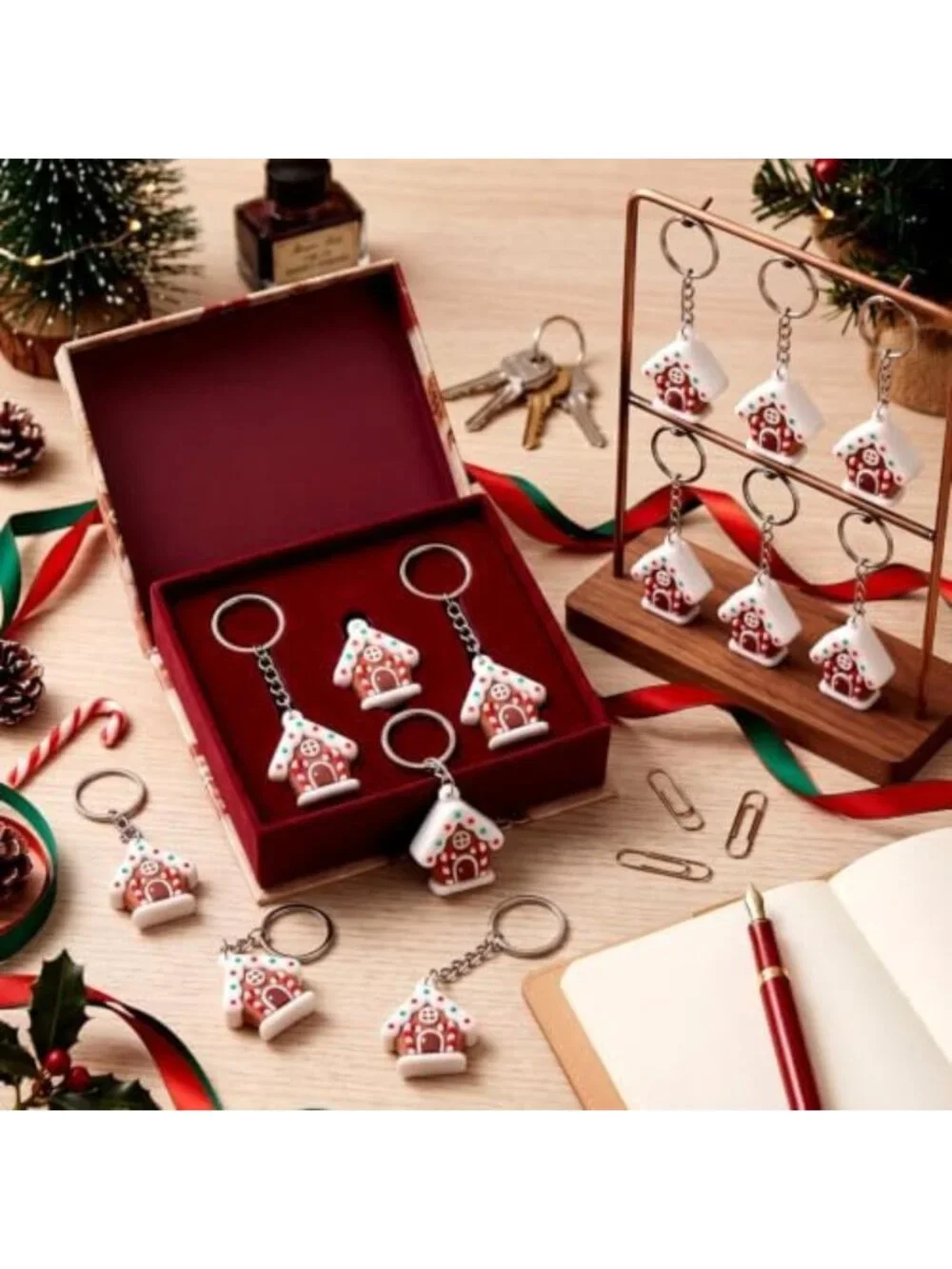 50 Pcs Christmas Gingerbread House Keychains & Candy Cane Keyrings - Bulk Set